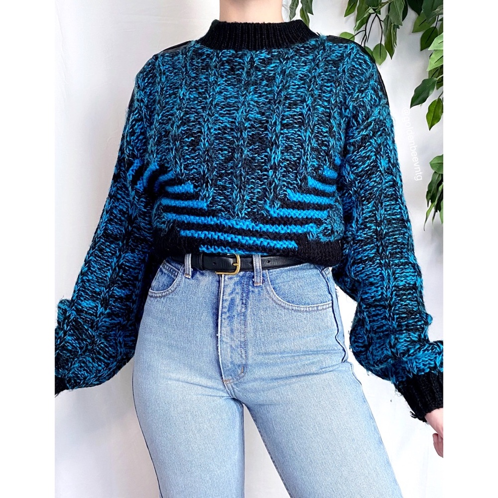 Vintage Oversized Retro Geometric Marbled Blue + Black Chunky Woven Knit Sweater